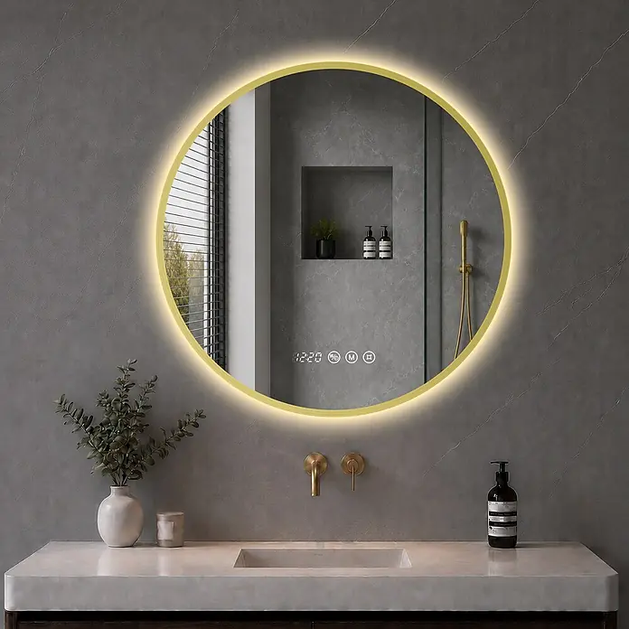 S'AFIELINA Lichtspiegel Luna Select - 60 x 60 cm, Leuchtmittel - Runder LED-Spiegel mit Goldrahmen, digitaler Uhr und Steuerung, über einem Badezimmerwaschbecken montiert, reflektiert Duschbereich.