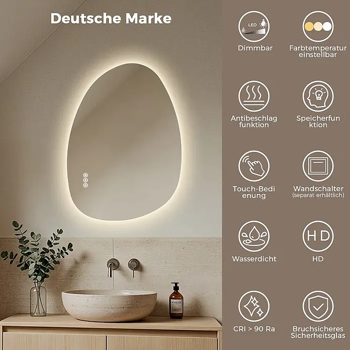 LED Badspiegel 60 x 45 cm, asymmetrisch, rahmenlos, 3 Lichtfarben, dimmbar -  - Unregelmäßig geformter, LED-beleuchteter Badezimmerspiegel mit Touch-Steuerung, dimmbarem Licht und Antibeschlagfunktion über modernem Waschbecken.