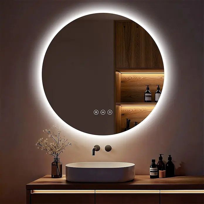 S'AFIELINA Lichtspiegel Luna - 80 x 80 cm, Leuchtmittel - Runder LED-beleuchteter Badspiegel mit Touch-Steuerung (Antibeschlag, Lichtmodi) über einem modernen Waschbecken auf einem Holzwaschtisch.