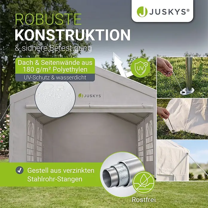 Juskys Partyzelt Gala - B x T: 400 x 600 cm, Farbe Dach: Weiß - Ein weißes Partyzelt mit robuster Konstruktion, wasserdichtem 180 g/m² Polyethylendach, verzinktem Stahlrahmen und Bodenverankerung.