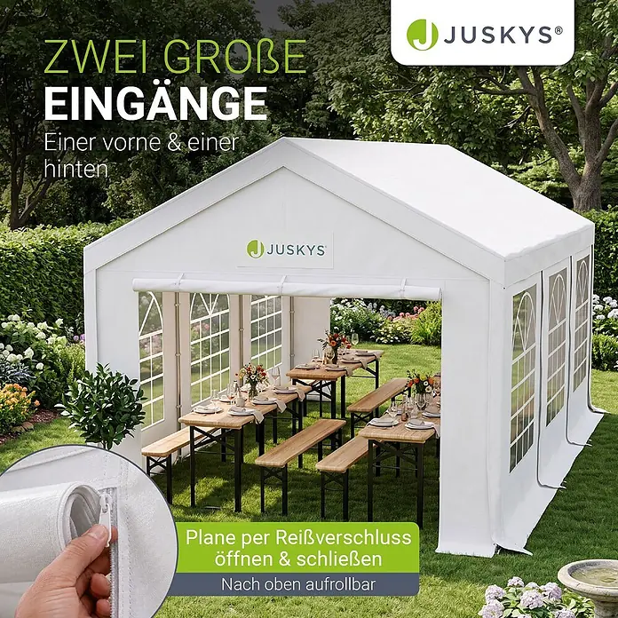 Juskys Partyzelt Gala - B x T: 400 x 600 cm, Farbe Dach: Weiß - Weißes JUSKYS Partyzelt im Garten mit zwei Eingängen, rollbaren Reißverschluss-Seitenwänden und Tischen/Bänken innen.