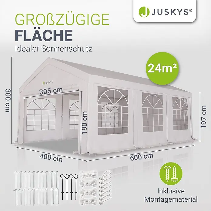 Juskys Partyzelt Gala - B x T: 400 x 600 cm, Farbe Dach: Weiß - Weißes Partyzelt mit Maßen 400x600 cm (24m² Fläche) und 300 cm Höhe. Inklusive Montagematerial.