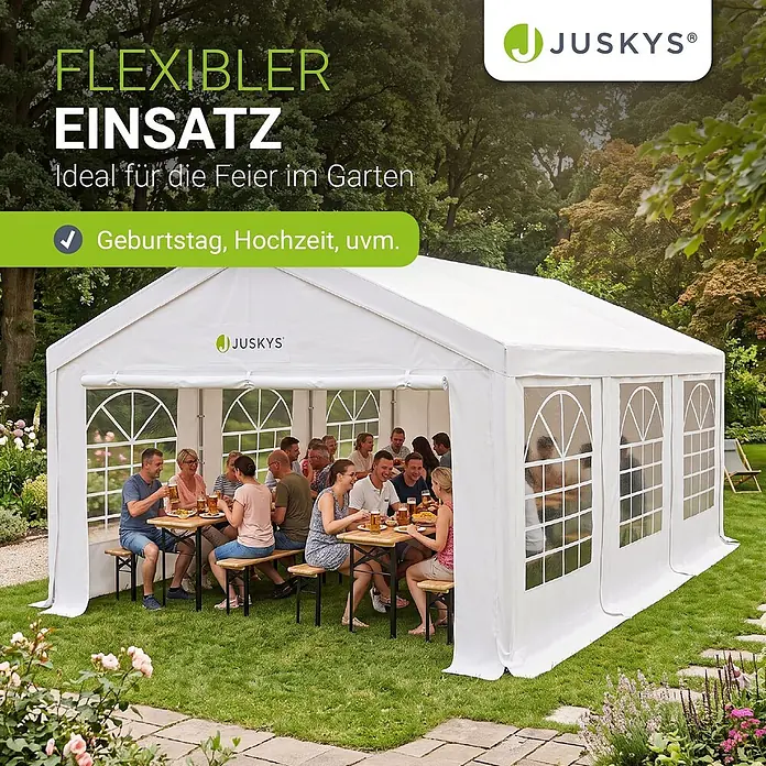 Juskys Partyzelt Gala - B x T: 400 x 600 cm, Farbe Dach: Weiß - Weißes Partyzelt mit Fensterbögen, in dem Leute feiern. Ideal für Veranstaltungen und Feste.