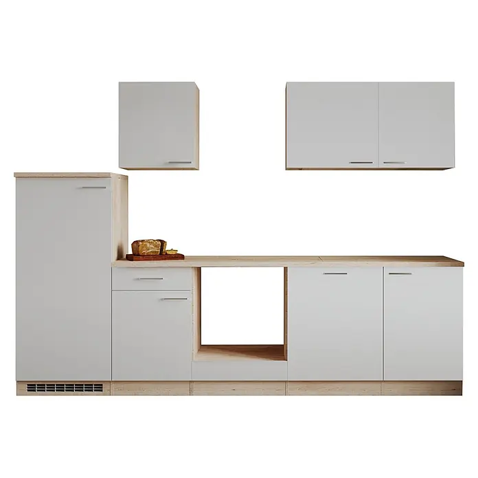 Respekta Küchenleerblock Petunia - Breite: 280 cm, Weiß, Ohne Elektrogeräte - Moderne hellgraue Küchenschränke mit hellen Holzplatten und Akzenten. Umfasst Wand- und Unterschränke, sowie Platz für ein Gerät.