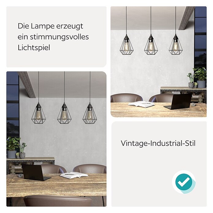 Eglo Tarbes Pendelleuchte (3 x 60 W, Schwarz, L x B x H: 79 x 17,5 x 110 cm)