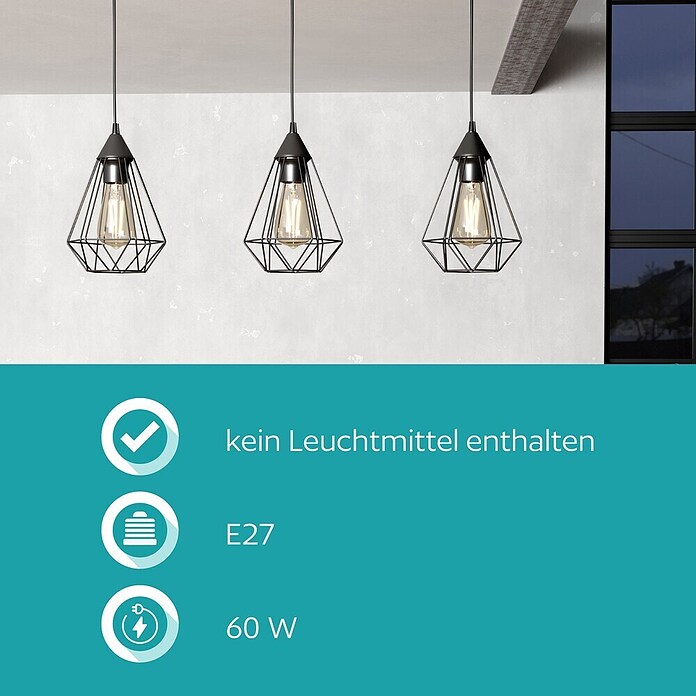 Eglo Tarbes Pendelleuchte (3 x 60 W, Schwarz, L x B x H: 79 x 17,5 x 110 cm)