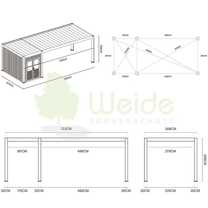 Weide Carport Autoüberdachung Aluminium mit Schuppen 3 x 7,2 M Anthrazit - Außenmaß inkl. Dachüberstand (B x T): 720 x 300 m, Einzelcarport, Anthrazit