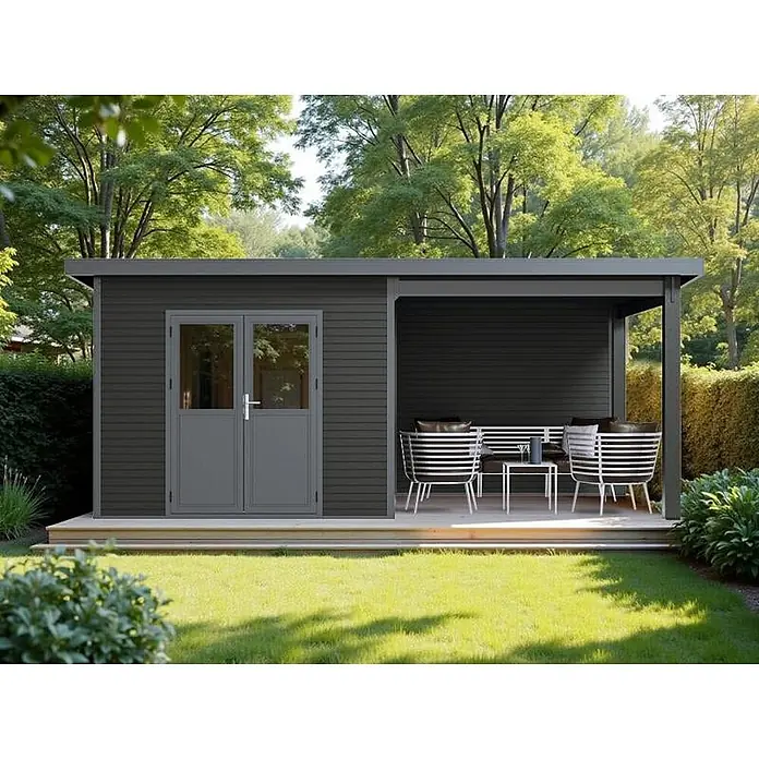 Linholm Gartenhaus Linia 5628 mit Anbaudach und Rückwand, inkl. Dachrinnen-Set, Anthrazit - Außenmaß inkl. Dachüberstand (B x T): 600 x 330 cm, Grau/Anthrazit