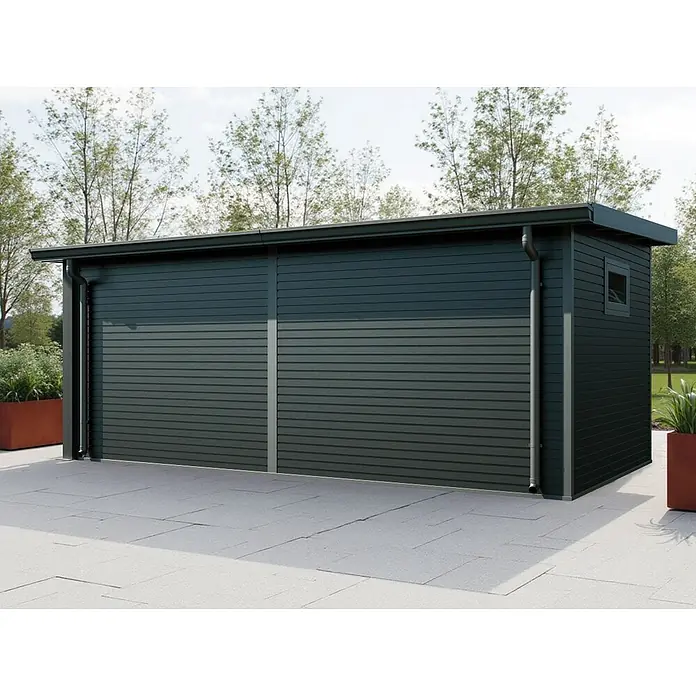 Linholm Gartenhaus Linia 5628 mit Anbaudach und Rückwand, inkl. Dachrinnen-Set, Anthrazit - Außenmaß inkl. Dachüberstand (B x T): 600 x 330 cm, Grau/Anthrazit