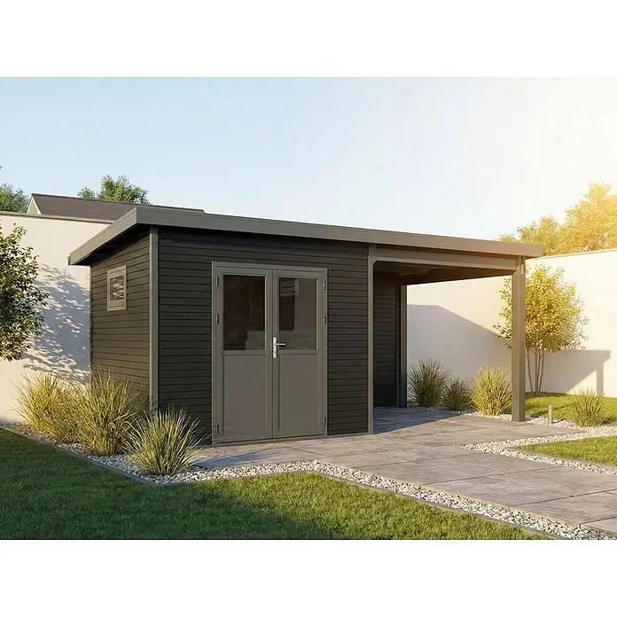 Linholm Gartenhaus Linia 5628 mit Anbaudach und Rückwand, inkl. Dachrinnen-Set, Anthrazit - Außenmaß inkl. Dachüberstand (B x T): 600 x 330 cm, Grau/Anthrazit