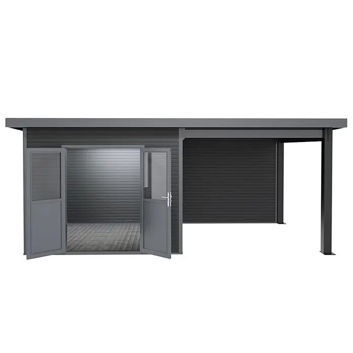 Linholm Gartenhaus Linia 5628 mit Anbaudach und Rückwand, inkl. Dachrinnen-Set, Anthrazit - Außenmaß inkl. Dachüberstand (B x T): 600 x 330 cm, Grau/Anthrazit