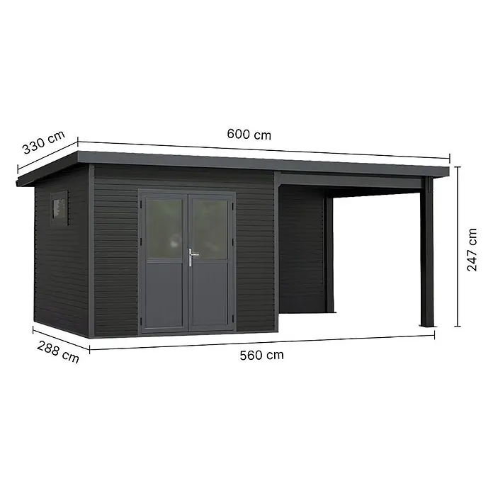 Linholm Gartenhaus Linia 5628 mit Anbaudach und Rückwand, inkl. Dachrinnen-Set, Anthrazit - Außenmaß inkl. Dachüberstand (B x T): 600 x 330 cm, Grau/Anthrazit