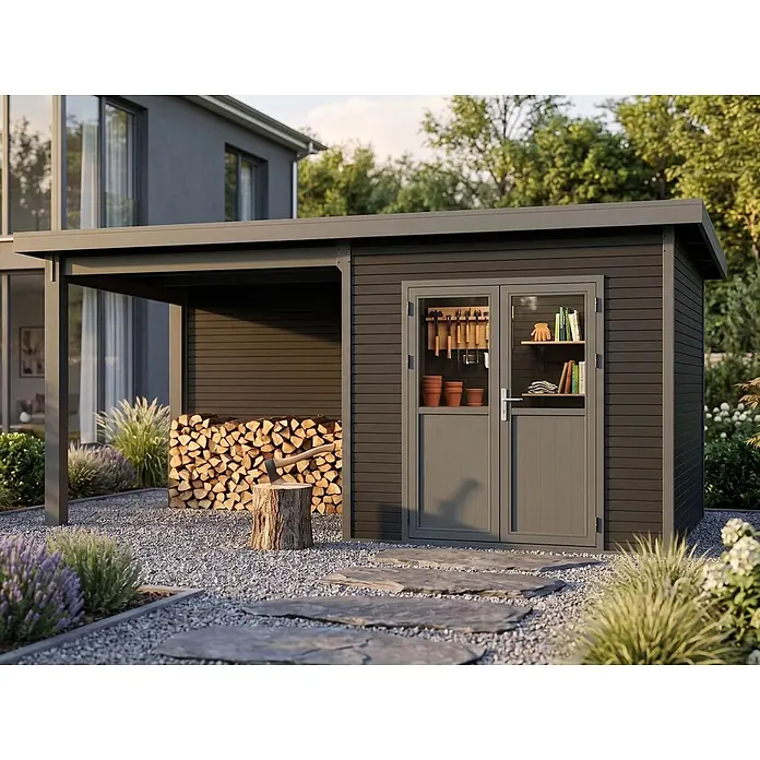 Linholm Gartenhaus Linia 5628 mit Anbaudach und Rückwand, inkl. Dachrinnen-Set, Anthrazit - Außenmaß inkl. Dachüberstand (B x T): 600 x 330 cm, Grau/Anthrazit