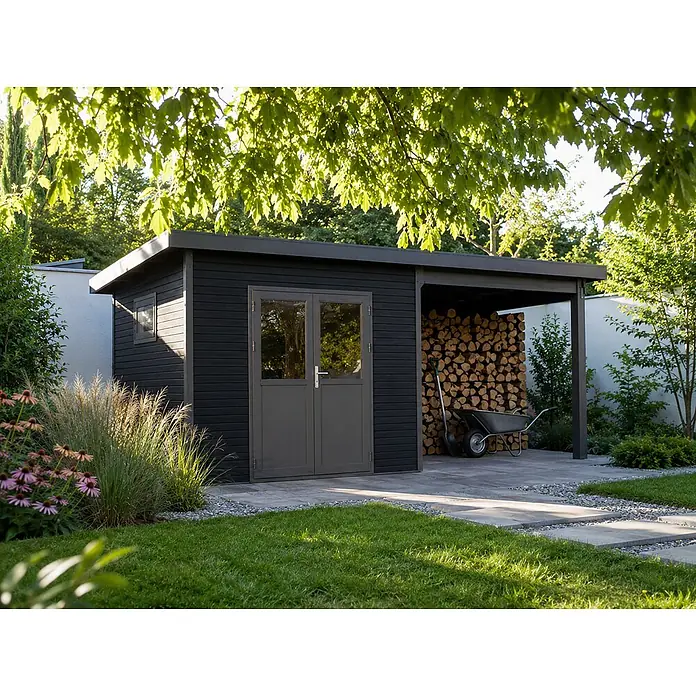 Linholm Gartenhaus Linia 5628 mit Anbaudach und Rückwand, inkl. Dachrinnen-Set, Anthrazit - Außenmaß inkl. Dachüberstand (B x T): 600 x 330 cm, Grau/Anthrazit