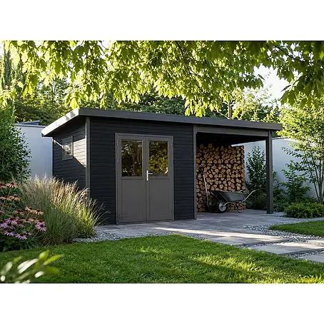 Linholm  Gartenhaus Linia 5628 mit Anbaudach und Rückwand, inkl. Dachrinnen-Set, Anthrazit