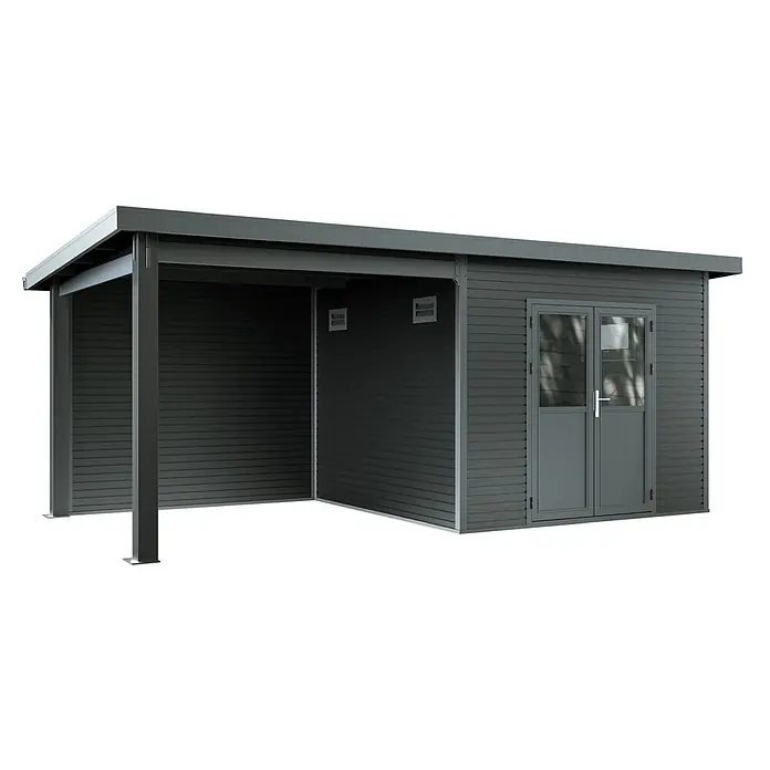 Linholm Gartenhaus Linia 5628 mit Anbaudach und Rückwand, inkl. Dachrinnen-Set, Anthrazit - Außenmaß inkl. Dachüberstand (B x T): 600 x 330 cm, Grau/Anthrazit
