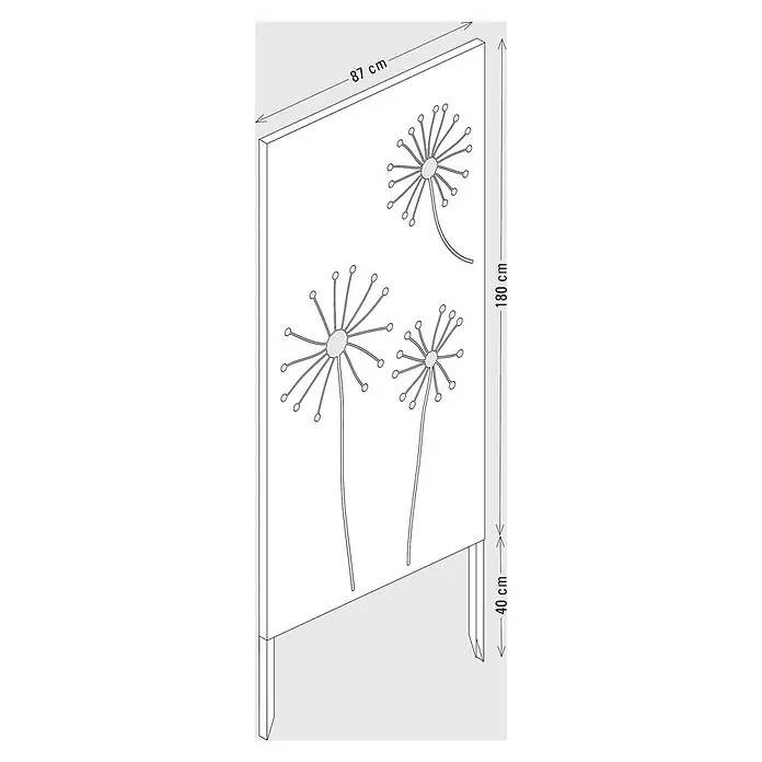 Palatino Space Vertical Sichtschutzelement Stella - 87 x 180 cm, Edelrost, Stella - Weiße Gartensichtschutzwand (87x180 cm) mit Pusteblumen-Motiv und 40 cm Erdspießen.