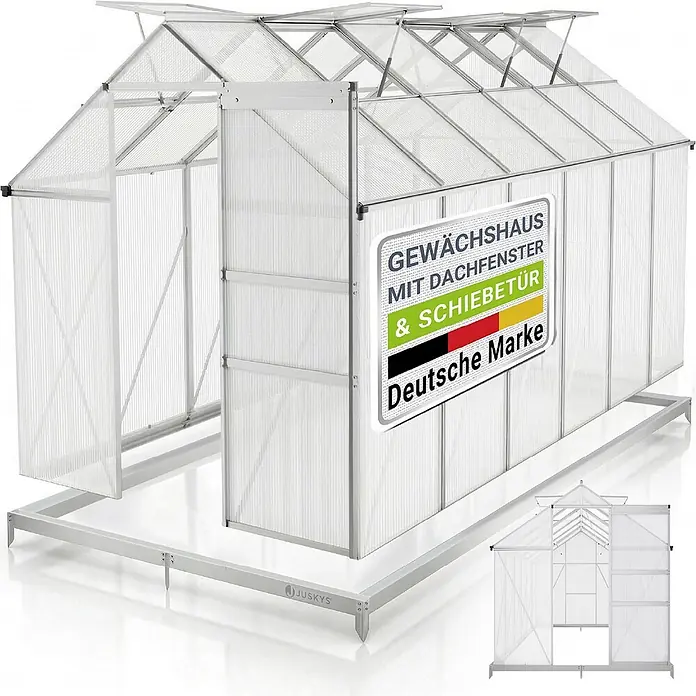 Juskys Gewächshaus Gewächshaus - 190 x 372 cm, Material Seitenwand: Kunststoff, 4 mm, Silber