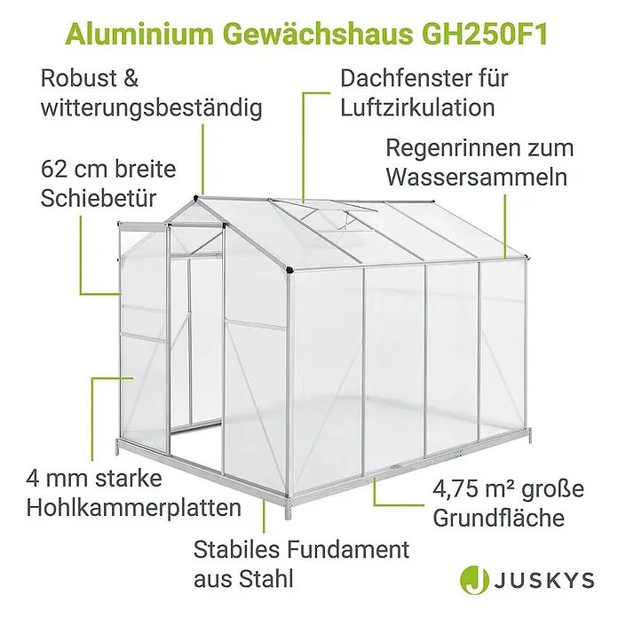 Juskys Gewächshaus Gewächshaus - 190 x 254 cm, Material Seitenwand: Kunststoff, 4 mm, Silber