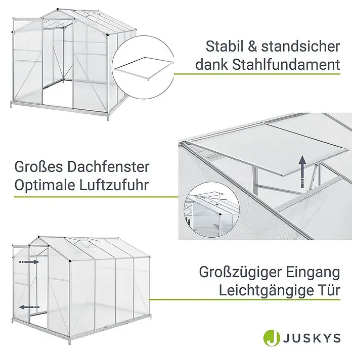 Juskys Gewächshaus Gewächshaus - 190 x 254 cm, Material Seitenwand: Kunststoff, 4 mm, Silber