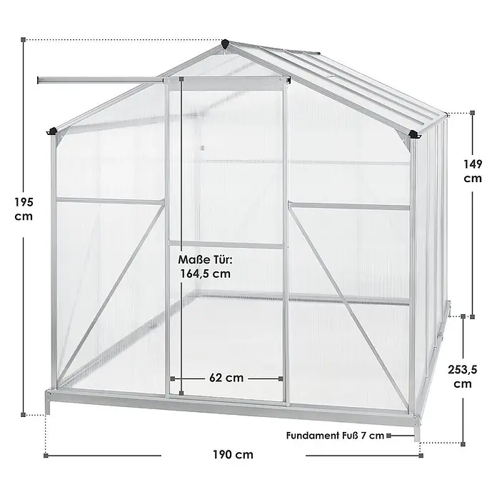 Juskys Gewächshaus Gewächshaus - 190 x 254 cm, Material Seitenwand: Kunststoff, 4 mm, Silber