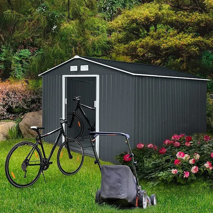 HATTORO Gerätehaus S300 - Außenbreite inkl. Dachüberstand: 277 cm, Außentiefe inkl. Dachüberstand: 319 cm, Stahl, Anthrazit