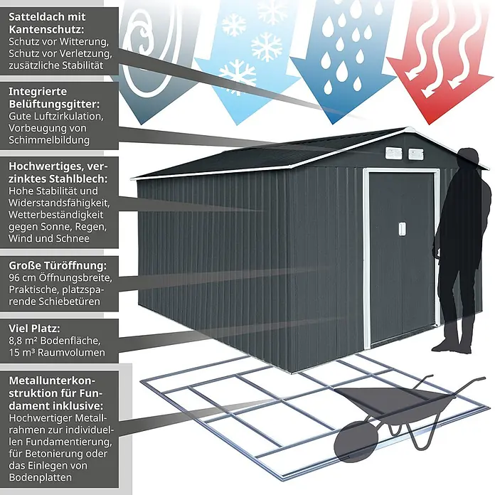 HATTORO Gerätehaus S300 - Außenbreite inkl. Dachüberstand: 277 cm, Außentiefe inkl. Dachüberstand: 319 cm, Stahl, Anthrazit