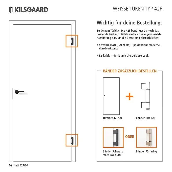 Kilsgaard Zimmertür 42F/00 - 709 x 2.097 mm, DIN Anschlag: Links, Weiß lackiert, ähnlich RAL 9010, Röhrenspan, Stumpfoptik - Weißes Türblatt Typ 42F mit schwarzem Griff und mattschwarzen Bändern. Optionen: mattschwarz (RAL 9005) oder F2-farbige Bänder.