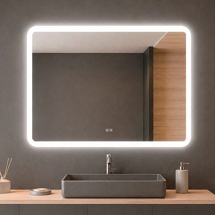 Espejo con luz LED Beth - 100 x 80 cm, Función antivaho, Cuadrado - Espejo de baño LED rectangular con esquinas redondeadas y controles táctiles, instalado sobre un lavabo moderno.