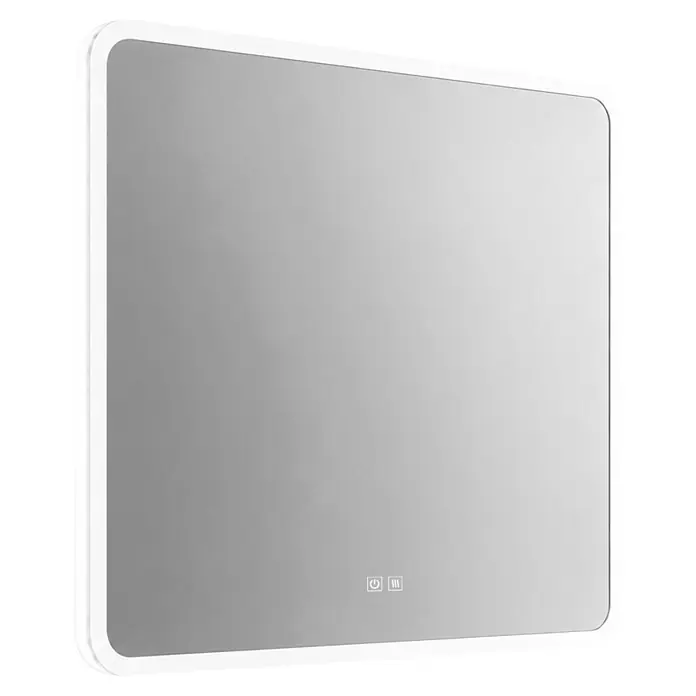 Espejo con luz LED Beth - 80 x 80 cm, Función antivaho, Cuadrado - Espejo LED rectangular con esquinas redondeadas y marco blanco, con controles táctiles para encendido, antivaho y ajustes de luz.
