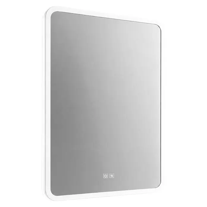 Espejo con luz LED Beth - 60 x 80 cm, Función antivaho, Rectangular - Espejo LED rectangular con esquinas redondeadas, marco blanco y controles táctiles para luz y desempañado.
