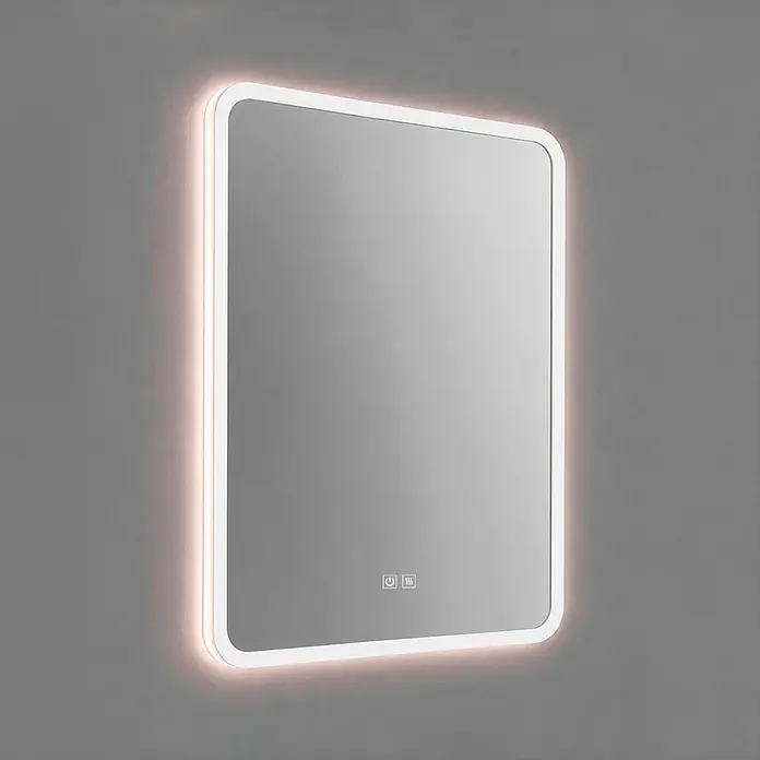 Espejo con luz LED Beth - 60 x 80 cm, Función antivaho, Rectangular - Espejo LED rectangular con esquinas redondeadas y retroiluminación, con controles táctiles para encendido y desempañado.