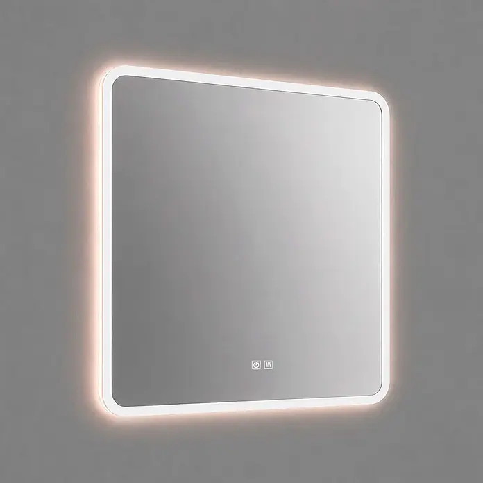 Espejo con luz LED Beth - 80 x 80 cm, Función antivaho, Cuadrado - Espejo LED cuadrado con esquinas redondeadas, marco blanco y controles táctiles en su superficie.