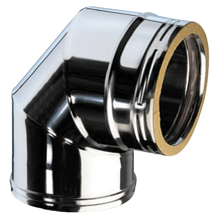 Practic Codo para tubos para tubos de pared doble - Diámetro: 200 mm, 90 °, Cromado, Inox - Codo de tubo de chimenea de acero inoxidable de doble pared, plateado brillante, con aislamiento amarillo-marrón visible.