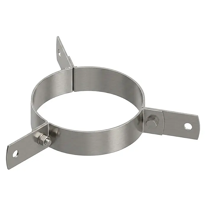 Practic Abrazadera de vientos - Diámetro: 180 mm, Acero inoxidable - Abrazadera de tubo de acero inoxidable cepillado con banda circular y tres pestañas de fijación planas, sujeta con tornillos.