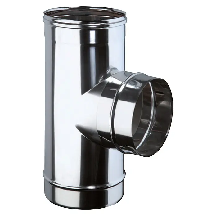 Practic Te para estufas de pared simple - Diámetro: 200 mm, Cromado, Inox - Conexión en T brillante de acero inoxidable para tuberías de chimenea o ventilación.