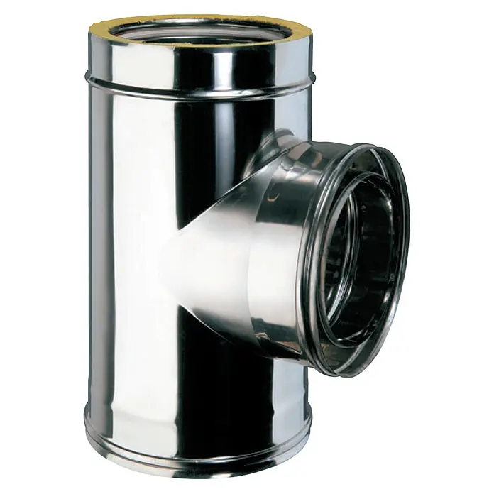 Practic Te para estufas de pared doble - Diámetro: 150 mm, Cromado, Inox - Pieza en T de acero inoxidable brillante para chimenea/ventilación, aislada con material amarillo en la abertura superior.