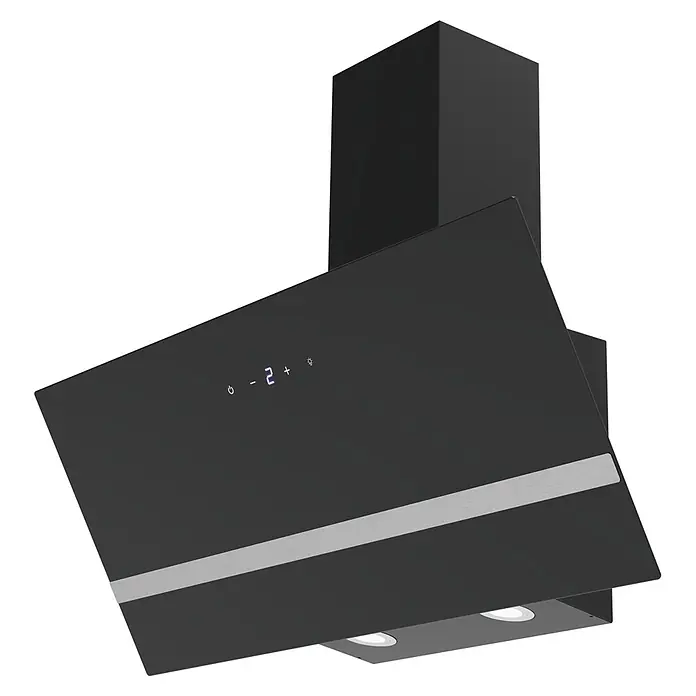 Respekta Schräghaube Hera - Breite: 89,5 cm, Max. Gebläseleistung Abluftbetrieb: 523,9 m³/h, Schwarz - Moderne schwarze Dunstabzugshaube mit geneigter Glasfront, blauer digitaler Steuerung und silbernem Zierstreifen.