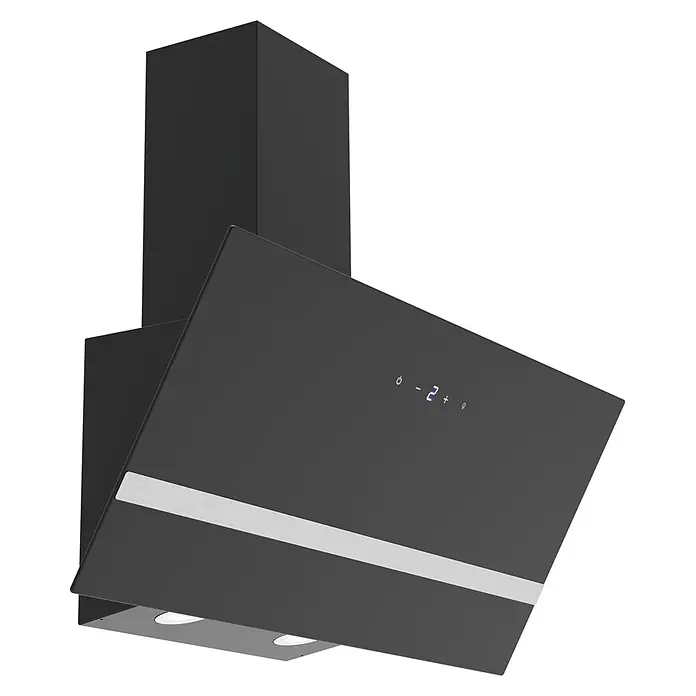 Respekta Schräghaube Hera - Breite: 89,5 cm, Max. Gebläseleistung Abluftbetrieb: 523,9 m³/h, Schwarz - Schwarze moderne Dunstabzugshaube mit schrägem Glaspanel, metallischem Akzentstreifen und Touch-Bedienelementen, die '2' anzeigen.