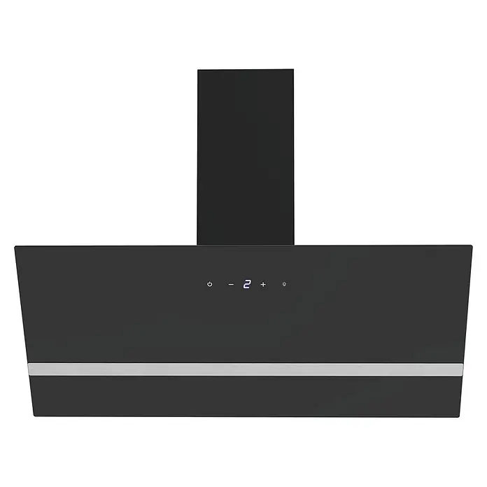 Respekta Schräghaube Hera - Breite: 89,5 cm, Max. Gebläseleistung Abluftbetrieb: 523,9 m³/h, Schwarz - Schwarze Küchenabzugshaube mit Digitalanzeige, Touch-Bedienelementen und silberfarbener Metallleiste.