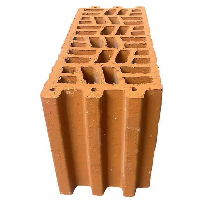 BHS Zaragoza Bloque Termoarcilla - 30 x 19 x 14 cm, Naranja, Arcilla - Ladrillo hueco de terracota con múltiples perforaciones rectangulares y lados acanalados, utilizado en construcción.