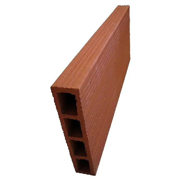 BHS Zaragoza Ladrillo Rasillón - 40 x 20 x 4 cm, Naranja, Arcilla - Un ladrillo hueco de arcilla rojiza con tres perforaciones rectangulars, para construcción.