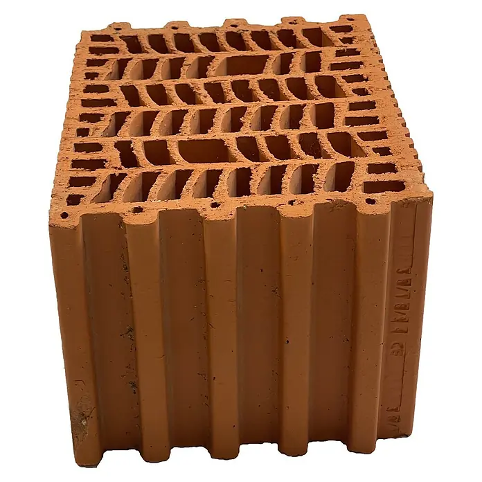 BHS Zaragoza Bloque Termoarcilla - 30 x 19 x 24 cm, Naranja, Arcilla - Ladrillo hueco de terracota rojo, un material de construcción ligero y aislante con múltiples perforaciones.
