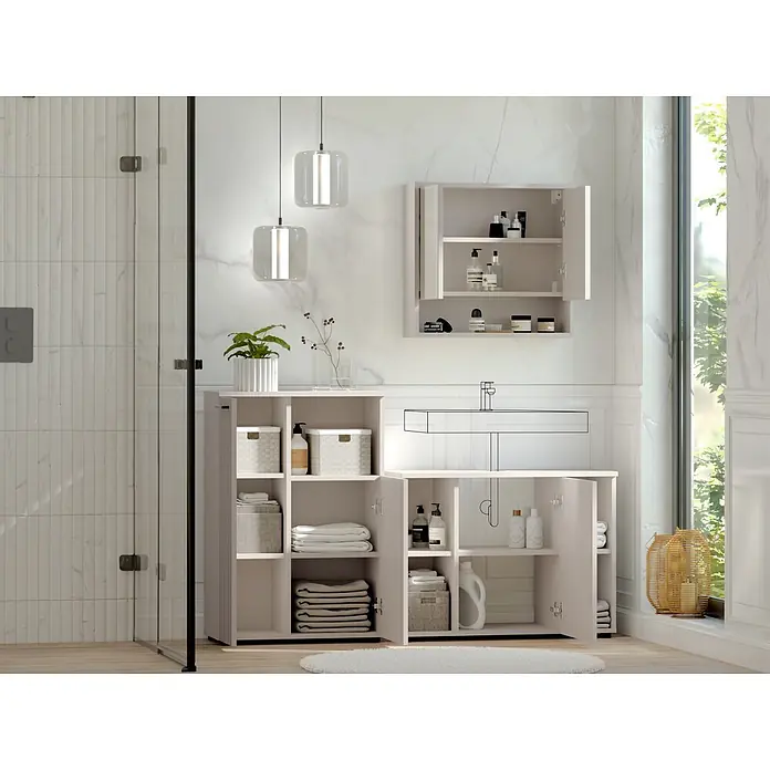 Respekta Badmöbel-Set Lina - Gesamtbreite Badmöbel: 155 cm, Kaschmir, Matt, Ohne Beleuchtung, 3 -tlg. - Hellbeige Badschränke, darunter ein Wandschrank und Unterschränke um ein Waschbecken, ordentlich organisiert mit Handtüchern und Pflegeprodukten.