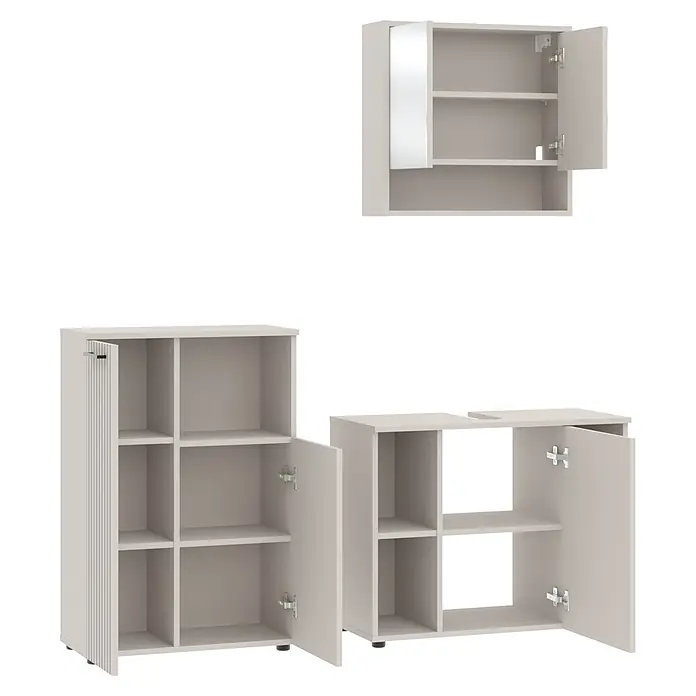 Respekta Badmöbel-Set Lina - Gesamtbreite Badmöbel: 155 cm, Kaschmir, Matt, Ohne Beleuchtung, 3 -tlg. - Drei hellbeige Holzschränke: eine Wandmontageeinheit mit Spiegeltür, ein hoher Würfelregal und ein niedriger Würfelregal mit offenen Türen.