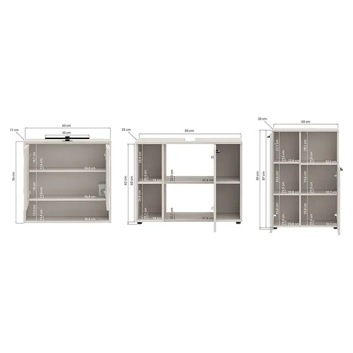 Respekta Badmöbel-Set Lina - Gesamtbreite Badmöbel: 155 cm, Kaschmir, Matt, Mit Beleuchtung, 3 -tlg. - Helles Holz-Aufbewahrungsschrank mit mehreren Regalfächern und Türen, detailliert mit Maßen.