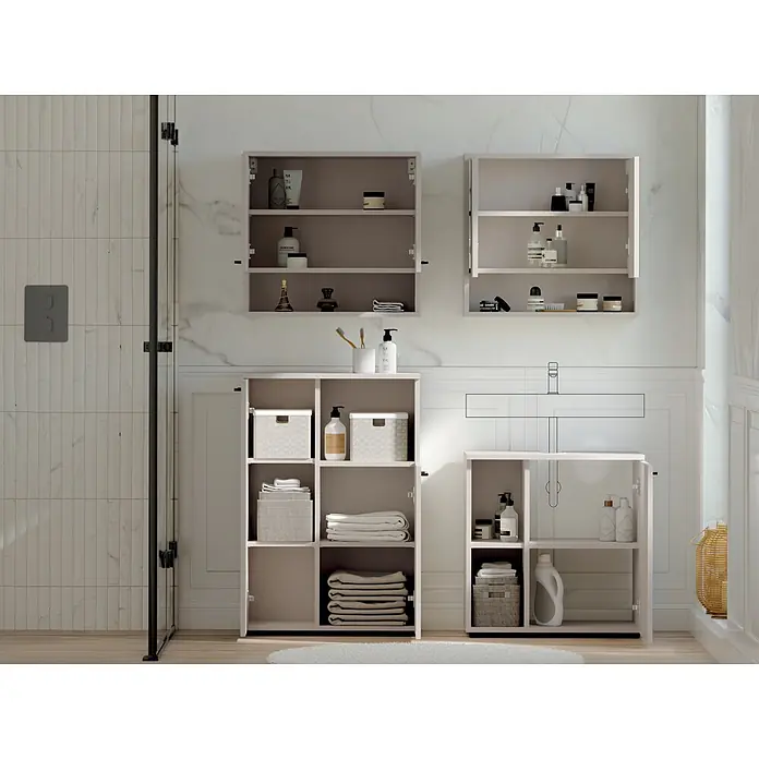 Respekta Badmöbel-Set Lina - Gesamtbreite Badmöbel: 135 cm, Kaschmir, Matt, Ohne Beleuchtung, 4 -tlg. - Helles beiges Badmöbelset mit offenen Regalen und Schränken, zur Organisation von Toilettenartikeln und Handtüchern.