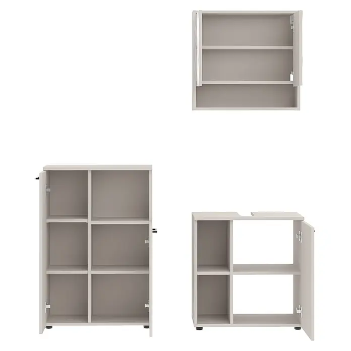 Respekta Badmöbel-Set Lina - Gesamtbreite Badmöbel: 135 cm, Kaschmir, Matt, Ohne Beleuchtung, 3 -tlg. - Drei hellbeige moduläre Aufbewahrungsschränke mit offenen Regalen und Türen, in verschiedenen Größen und Konfigurationen.