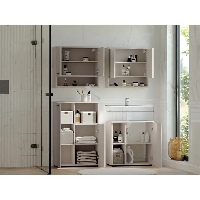 Respekta Badmöbel-Set Lina - Gesamtbreite Badmöbel: 135 cm, Kaschmir, Matt, Ohne Beleuchtung, 4 -tlg. - Helle beige Badezimmerschränke, wandmontiert und stehend, bieten vielseitigen Stauraum für Toilettenartikel und Handtücher.
