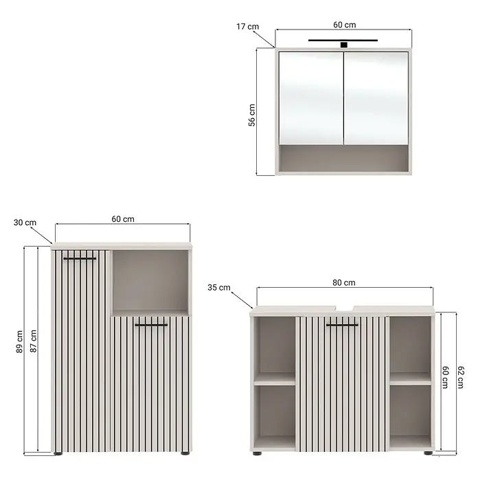 Respekta Badmöbel-Set Lina - Gesamtbreite Badmöbel: 155 cm, Kaschmir, Matt, Ohne Beleuchtung, 3 -tlg. - Drei helle Badmöbel: Spiegelschrank, Hochschrank und Waschtischunterschrank mit vertikalen Streifendetails.